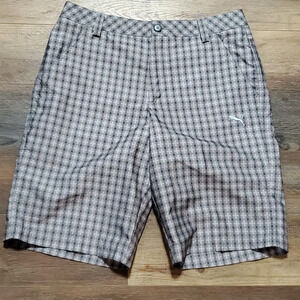 Puma grey pixel plaid hybrid quickdry flat front golf shorts